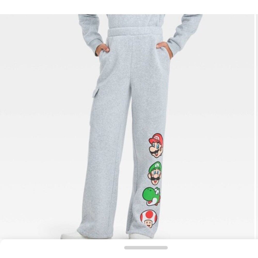Girls Super Mario Fleece Heather Grey Pants Size Small